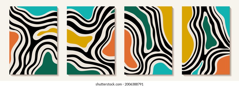 Creativo minimalista pintado a mano Reseña de arte abstracto con colorida mancha y forma de línea abstracta negra. Diseño para la decoración de paredes, postales, afiches o folletos. Tarjeta moderna de diseño decorativo.
