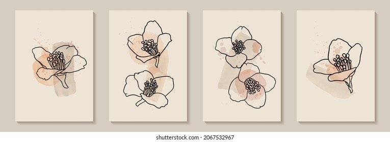Creative minimalist hand painted Abstract art background with watercolor circle stain and stroke and Hand Drawn doodle jasmine outline. Design for wall decoration, postcard, poster or brochure