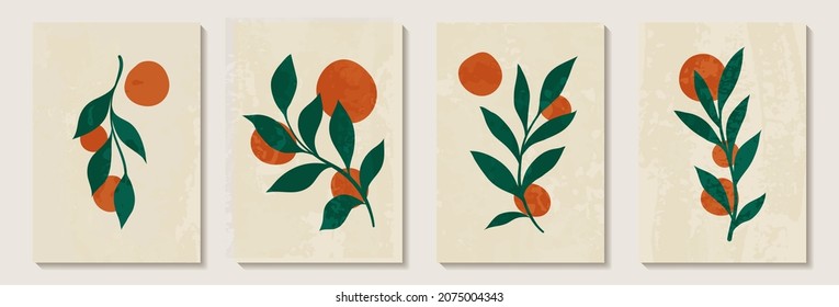 Creative minimalist hand painted Abstract art background with orange stain and Hand Drawn doodle Scribble floral plants. Design for wall decoration, postcard, poster or brochure