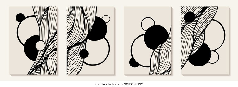 Creative minimalist hand painted Abstract art background with black and white Hand Drawn doodle Scribble Circle and line wave. Design Illustration for prints, wall art, cover and invitation cards.