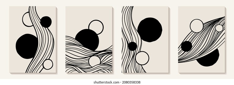 Creative minimalist hand painted Abstract art background with black and white Hand Drawn doodle Scribble Circle and line wave. Design Illustration for prints, wall art, cover and invitation cards.