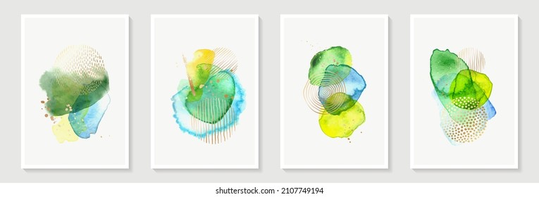Creative minimalist hand painted Abstract art background with watercolor green stain and Hand Drawn doodle golden color Scribble Circle. Design for wall decoration, postcard, poster or brochure