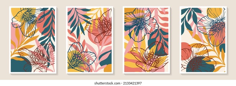 Creative minimalist hand painted Abstract art background with watercolor stain and Hand Drawn doodle Scribble floral plants. Design for wall decoration, postcard, poster or brochure