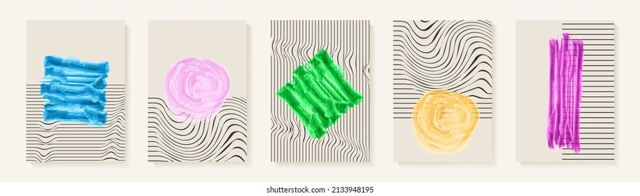 Creativo minimalista pintado a mano Reseña de arte abstracto con mancha de acuarela y doodle dibujado a mano Scribble Circle, Square, Rectangle. Diseño para la decoración de paredes, postales, afiches o folletos