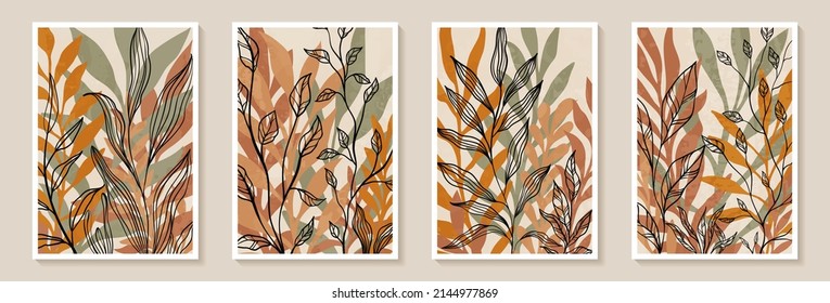 Creative minimalist hand painted Abstract art background with watercolor stain and Hand Drawn doodle Scribble floral plants. Design for wall decoration, postcard, poster or brochure
