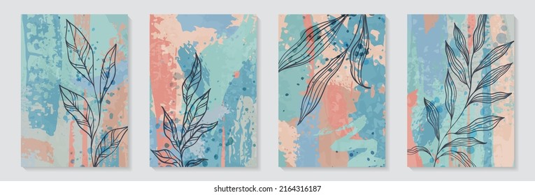 Creativo minimalista pintado a mano Resumen de fondo de arte con mancha de acuarela y doodle dibujado a mano Plantas florales Críticas. Diseño para la decoración de paredes, postales, afiches o folletos