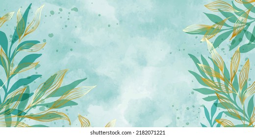 Creativo minimalista pintado a mano Resumen de fondo de arte con mancha de acuarela y doodle dibujado a mano Plantas florales Críticas. Diseño para la decoración de paredes, postales, afiches o folletos