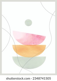 Creative minimalist hand painted Abstract art background with watercolor circle and half circle with Hand Drawn doodle Scribble lines. Design for wall decoration, postcard, poster or brochure,