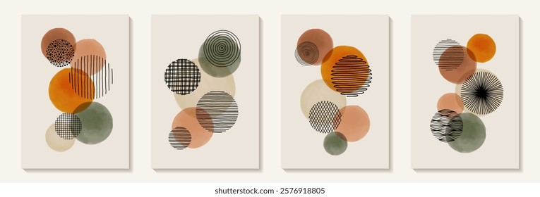 Creative minimalist hand painted Abstract art background with watercolor stain and Hand Drawn doodle Scribble Circle. Design for wall decoration, postcard, poster or brochure