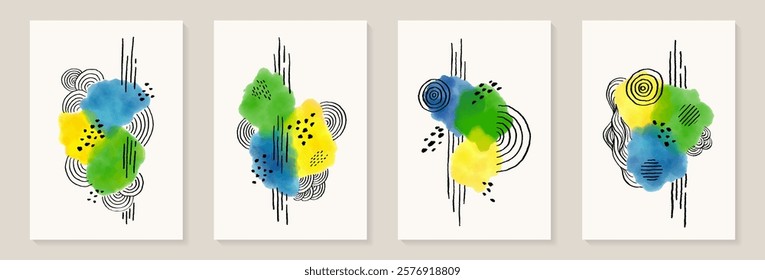 Creative minimalist hand painted Abstract art background with watercolor stain and Hand Drawn doodle Scribble Circle. Design for wall decoration, postcard, poster or brochure