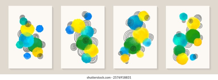 Creative minimalist hand painted Abstract art background with watercolor stain and Hand Drawn doodle Scribble Circle. Design for wall decoration, postcard, poster or brochure