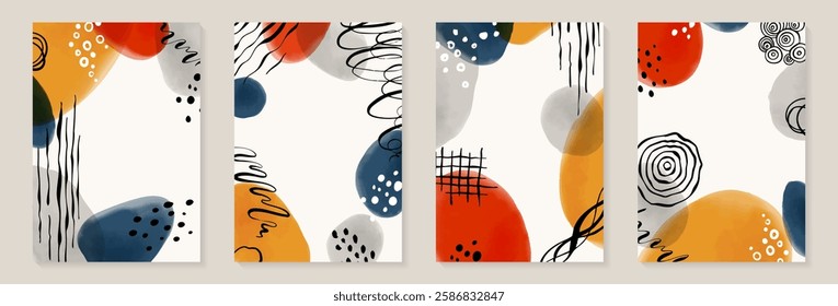 Creative minimalist hand painted Abstract art background with watercolor stain and Hand Drawn doodle Scribble Circle. Design for wall decoration, postcard, poster or brochure