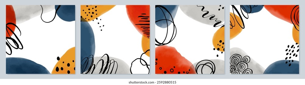 Creative minimalist hand painted Abstract art background with watercolor stain and Hand Drawn doodle Scribble Circle. Design for wall decoration, postcard, poster or brochure