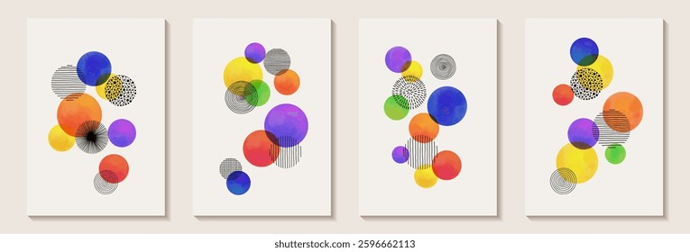  Creative minimalist hand painted Abstract art background with watercolor stain and Hand Drawn doodle Scribble Circle. Design for wall decoration, postcard, poster or brochure