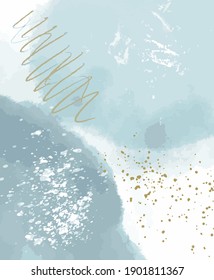 Creative minimalist hand painted illustration. Design for background, postcard, social media, stories, wall decor, print. Watercolor organic shapes, line art in blue and golden colors