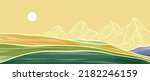 Creative minimalist hand painted illustrations of Mid century modern. Natural abstract landscape background. mountain, forest, sea, sky and sun 