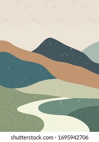 Afiche del paisaje montañoso abstracto. Antecedentes geométricos al estilo japonés asiático. ilustración vectorial