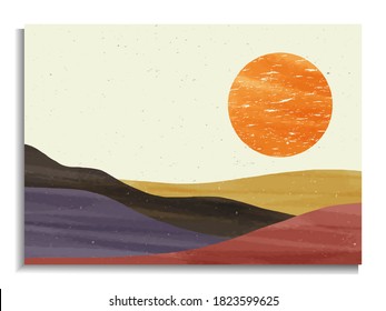 creative minimalist hand painted illustrations of Mid century modern. Abstract nature, sea, sky, sun, river, rock mountain landscape poster. Geometric landscape background