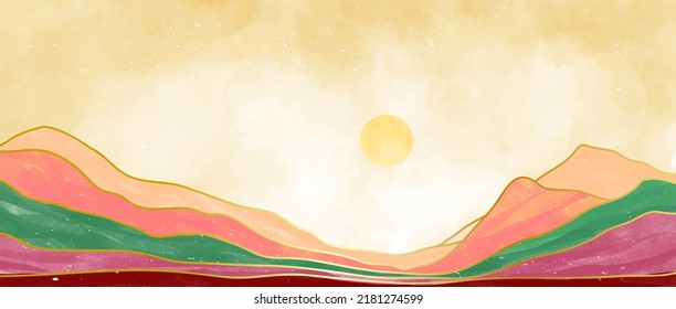 Creative minimalist hand painted illustrations of Mid century modern. Natural abstract landscape background. mountain, forest, sea, sky, sun and river