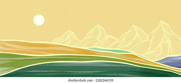 Kreative minimalistische handgemalte Illustrationen des Mittelalters. Natürlicher abstrakter Landschaftshintergrund. Berg, Wald, Meer, Himmel und Sonne 