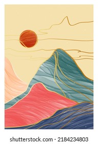 Creative minimalist hand painted illustrations of Mid century modern. Natural abstract landscape background. mountain, forest, sea, sky and sun