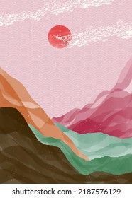 Creative minimalist hand painted illustrations of Mid century modern. Natural abstract landscape background. mountain, forest, sea, sky, sun and river