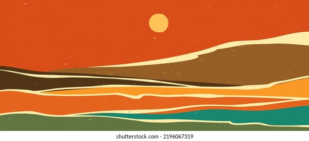 creative minimalist hand painted illustrations of Mid century modern. Abstract contemporary aesthetic backgrounds landscapes with Mountain, hill, sunset, sea. vector illustrations