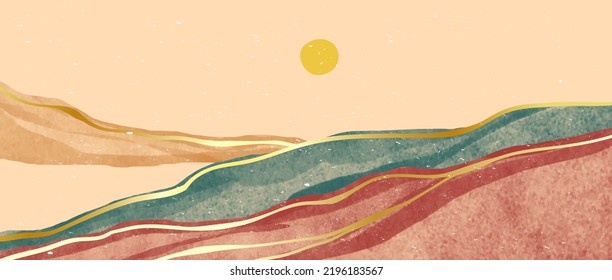 creative minimalist hand painted illustrations of Mid century modern. Abstract contemporary aesthetic backgrounds landscapes with Mountain, hill, sunset, sea. vector illustrations