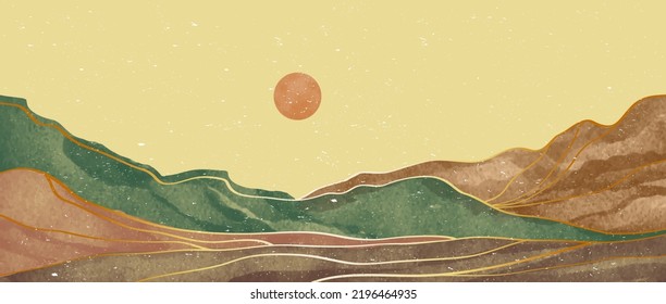 ilustraciones creativas minimalistas pintadas a mano de mediados del siglo moderno. Resumen de los paisajes estéticos contemporáneos con montaña, montaña, puesta de sol, mar. ilustraciones vectoriales