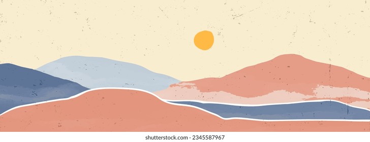 Creative minimalist hand painted illustrations of Mid century modern. Natural abstract landscape background. mountain, forest, sea, sky, sun and river