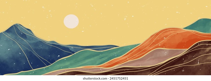 creative minimalist hand painted illustrations of Mid century modern. Natural abstract landscape background. mountain, forest, sea, sky, sun and river