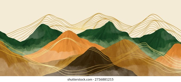 Creative minimalist hand painted illustrations of Mountain landscape watercolor painting with golden line art texture. Abstract contemporary aesthetic backgrounds landscapes. mountains, hills and skyline