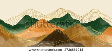 Creative minimalist hand painted illustrations of Mountain landscape watercolor painting with golden line art texture. Abstract contemporary aesthetic backgrounds landscapes. mountains, hills and skyline