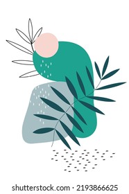 Creative minimalist illustration with decorative branch, leaves and abstract color spots. For postcard, placard, placard, brochure, cover design.