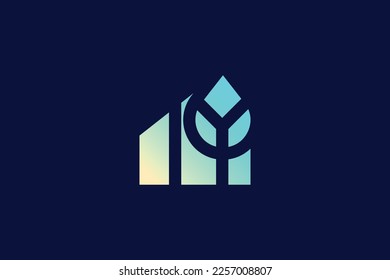 Plantilla de diseño del logotipo de construcción de hojas creativas y minimalistas sobre fondo negro