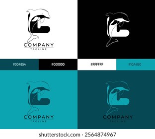 Creative Minimalist Letter + Fish Logo with colorful Icon Vector Design Illustration.