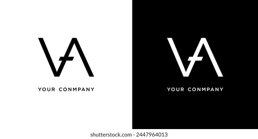 Diseño creativo y minimalista del icono del logotipo de la letra VA en color blanco y negro