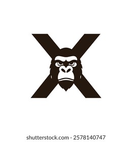 Creative Minimalist Letter X Gorilla Head Logo Design Silhouette Vector Illustration