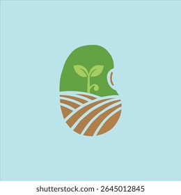Um conceito de logotipo criativo e minimalista para agricultura, agricultura ou produtos orgânicos. O design apresenta uma planta jovem ou broto com folhas que crescem a partir de um campo agrícola cultivado, todos inteligentemente circundam