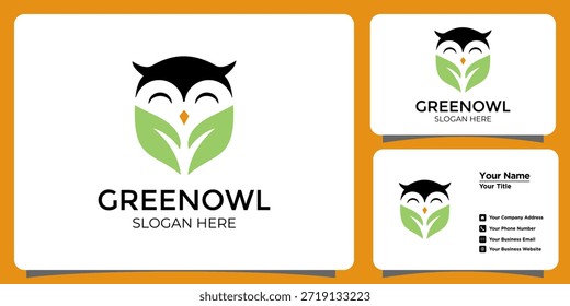 Diseño de logotipo minimalista creativo con una cara de búho lindo combinado con hojas verdes como alas. Este emblema orgánico de "Búho Verde" es perfecto para marcas ecológicas, organizaciones educativas, nuevas empresas basadas en la naturaleza y empresas sostenibles. Incluye una Plantilla de tarjeta de visita profesional para una presentación completa de la identidad corporativa