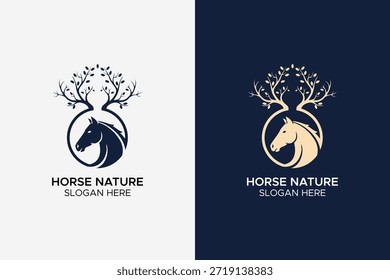 Design de logotipo minimalista criativo com uma silhueta de cabeça de cavalo onde a juba se transforma em galhos de árvore elegantes com folhas. Este emblema "Natureza do Cavalo" combina perfeitamente elementos animais e botânicos, tornando-o ideal para centros equestres, fazendas orgânicas, marcas de estilo de vida sustentável e start-ups inspiradas na natureza. O conjunto inclui versões de cores escuras e claras para marcas profissionais versáteis