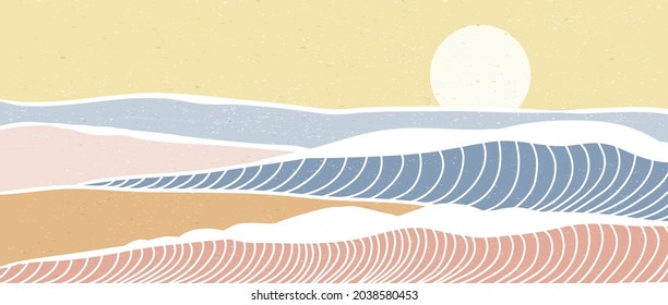 Creative minimalist modern art print. Abstract ocean wave and mountain contemporary aesthetic backgrounds landscapes. with sea, skyline, wave. vector illustrations