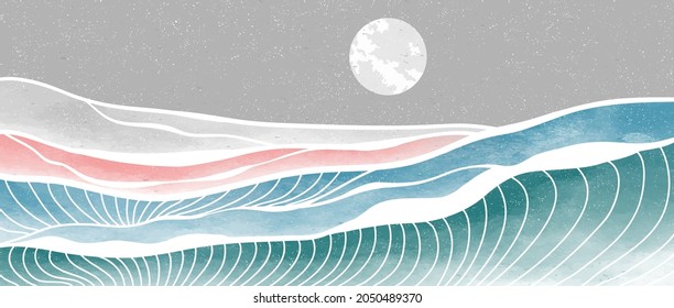 Creative minimalist modern art print. Abstract ocean wave and mountain contemporary aesthetic backgrounds landscapes. with sea, skyline, wave. vector illustrations