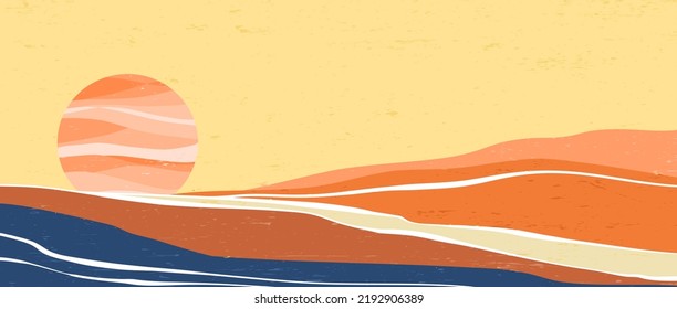 Impresión creativa minimalista de arte moderno. Resumen de los paisajes estéticos contemporáneos. Montaña, colina, puesta de sol, mar. ilustraciones vectoriales