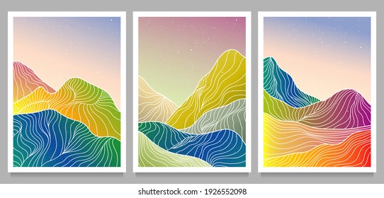 creative minimalist modern line art print. Abstract mountain contemporary aesthetic backgrounds landscapes. with mountain, sea, skyline, wave on set. vector illustrations