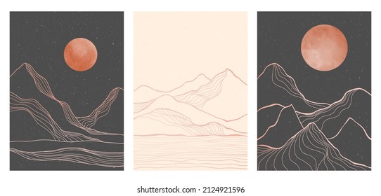 Creative minimalist modern line art print on set. Abstract mountain contemporary aesthetic backgrounds landscapes. with mountain, moonlight, skyline and wave. vector illustrations