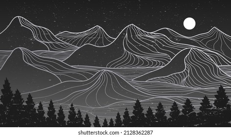 Creative minimalist modern line art print. Abstract mountain contemporary aesthetic backgrounds landscapes. with mountain, moonlight, skyline and wave. vector illustrations