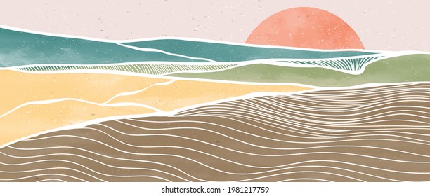 Creative minimalist modern paint and line art print. Abstract ocean wave and mountain contemporary aesthetic backgrounds landscapes. with sea, skyline, wave. vector illustrations