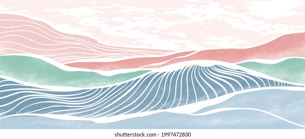 Creative Minimalist Modern Paint And Line Art Print. Abstract Ocean Wave And Mountain Contemporary Aesthetic Backgrounds Landscapes. With Sea, Skyline, Wave. Vector Illustrations