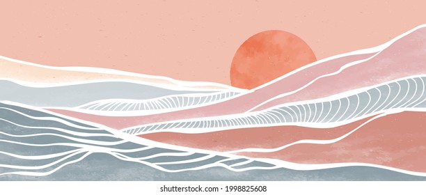 Creative minimalist modern paint and line art print. Abstract ocean wave and mountain contemporary aesthetic backgrounds landscapes. with sea, skyline, wave. vector illustrations